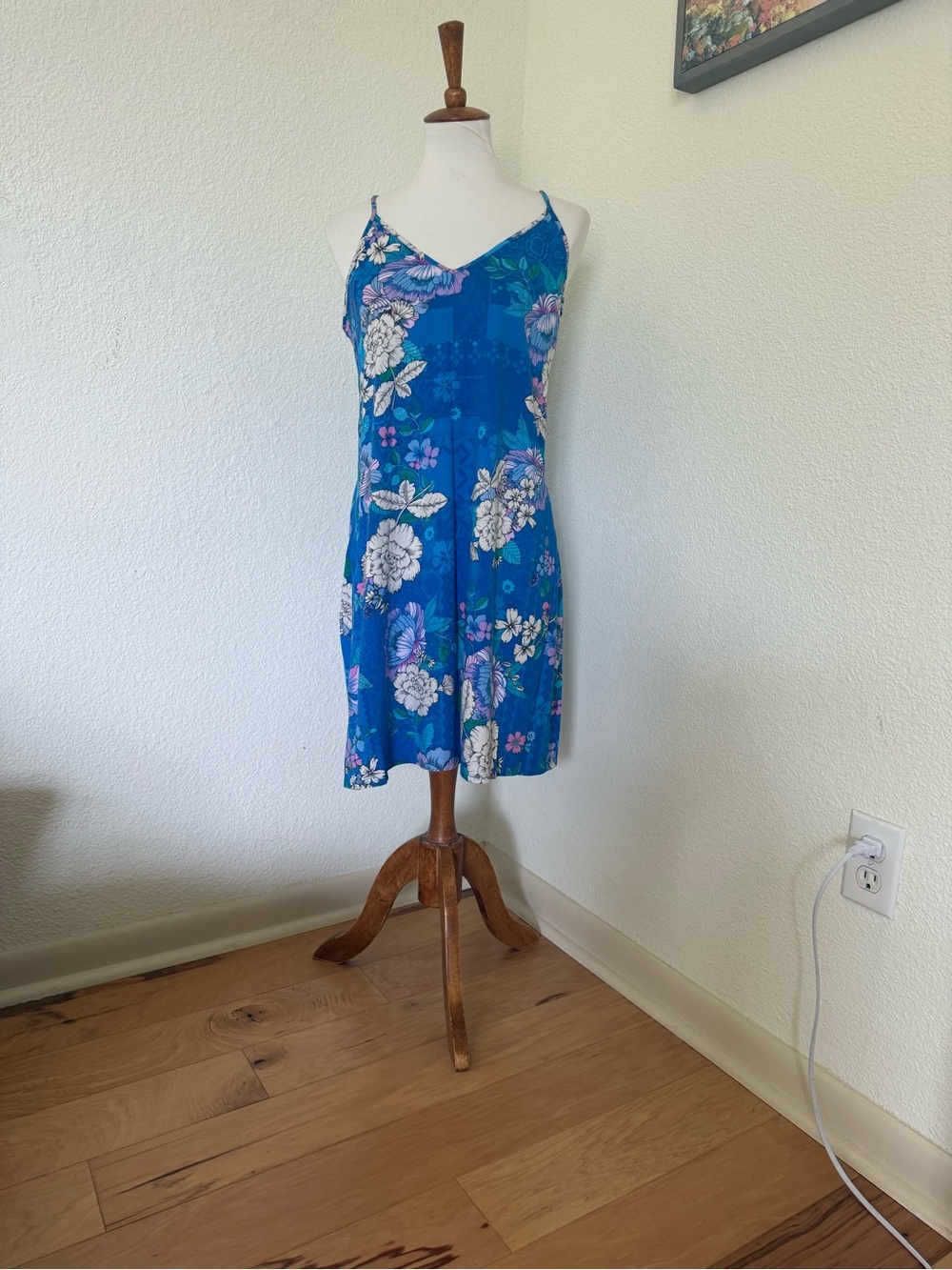 Johnny Was Nightgown Blue Floral Print Top with Pink and Green Accents